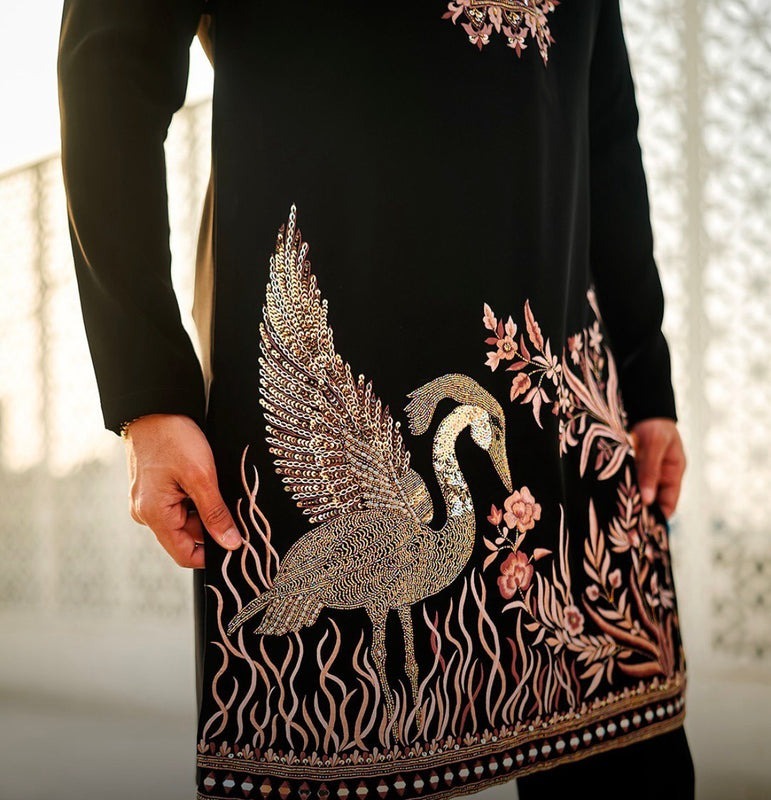 Royal Noir Floral Embroidered Luxury Kurta Pajama Set for Men