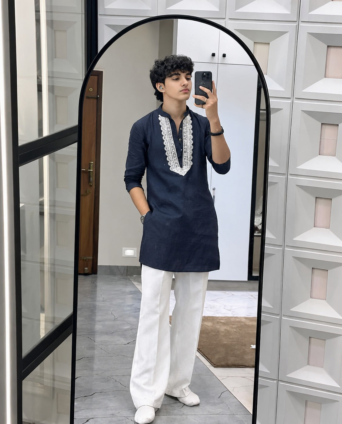 EMBRO BLUE V NECK EMBROIDERED THRED KURTA WITH PAJAMA