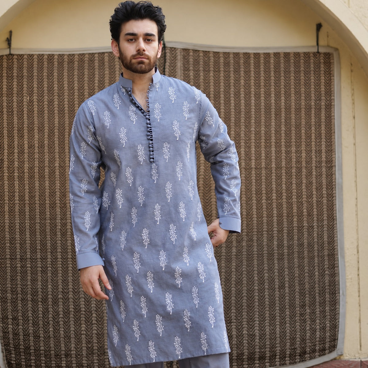 BLUE KURTA PRINT WITH PAJAMA FOR MENS