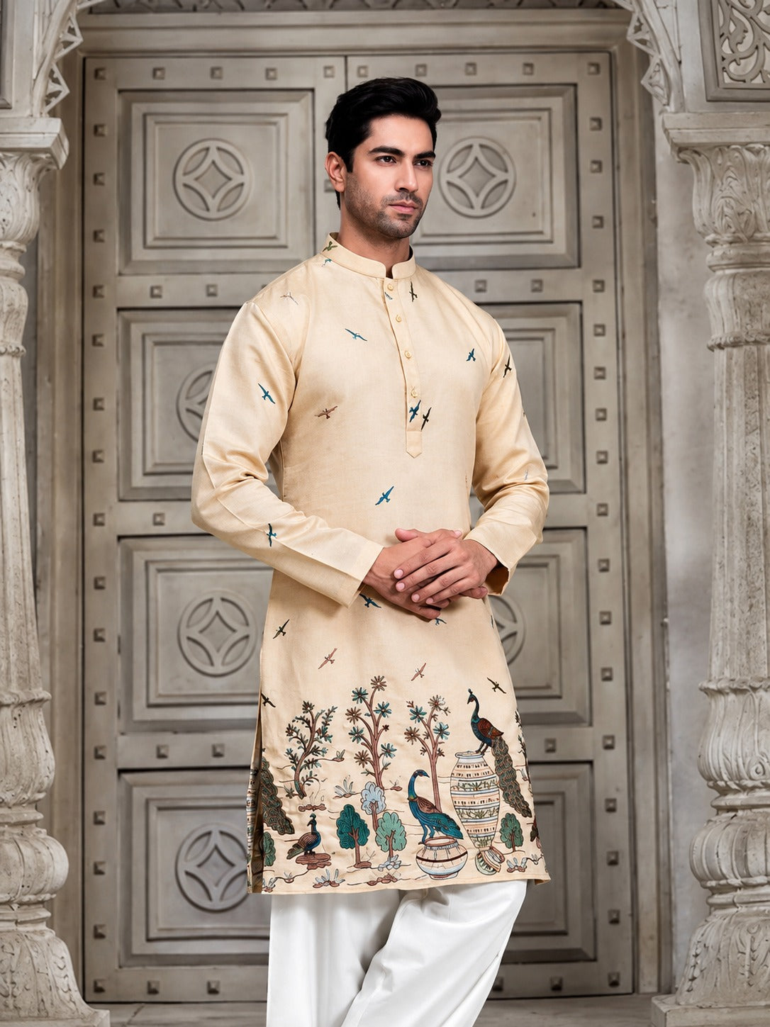 BEIGE TREE N PEACOCK DAMAN PRINTED WORK KURTA PAJAMA SET FOR MEN'S