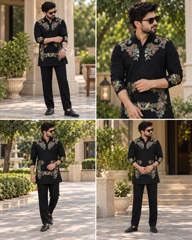 KAPIL SHRAMA BLACK KURTA WITH PAJAMA SET