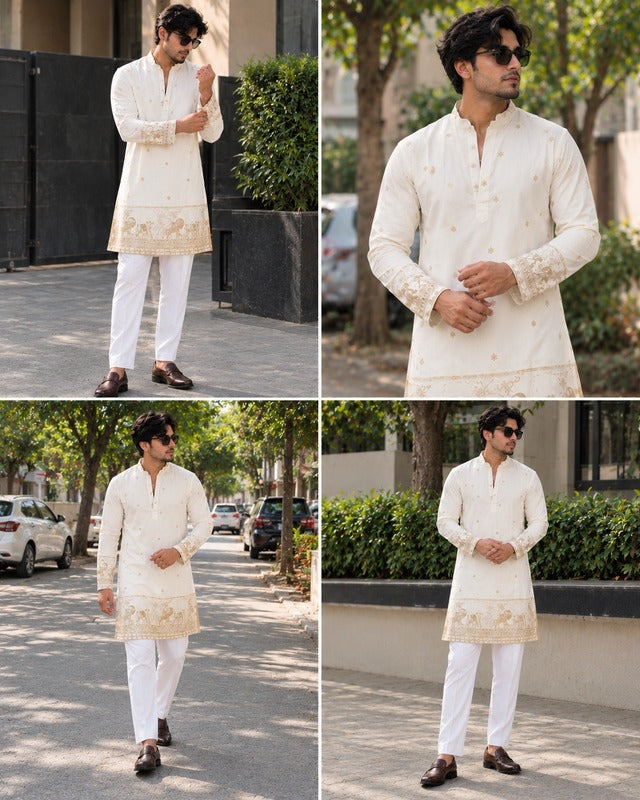 Nawabi White Heritage Elephant Embroidered Designer