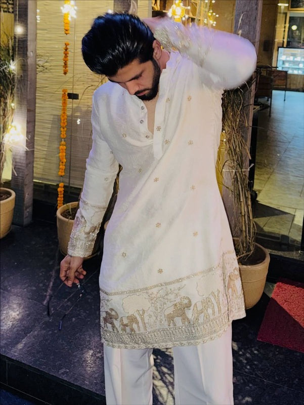 Nawabi White Heritage Elephant Embroidered Designer