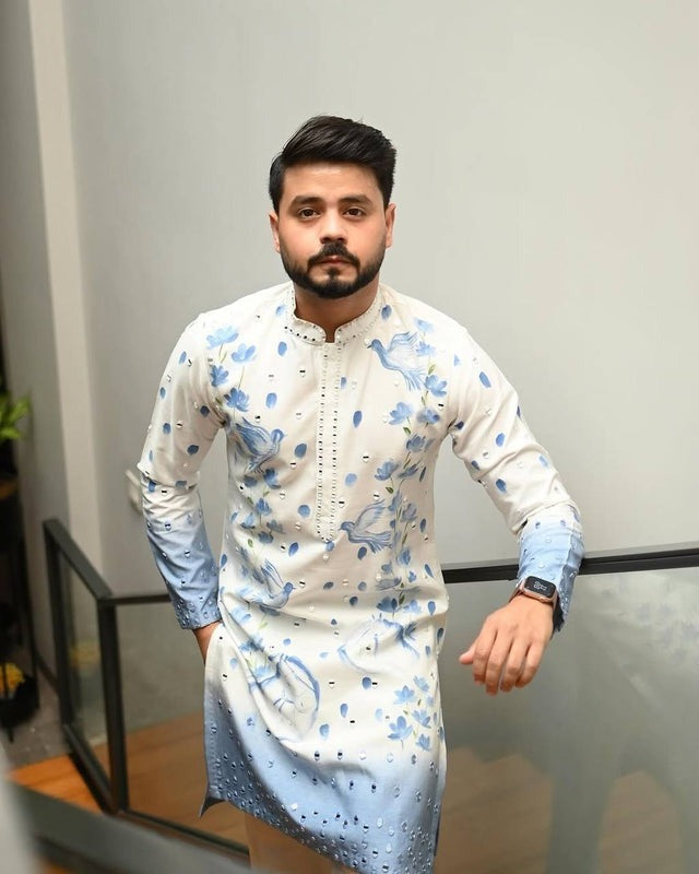 Sky Blue Floral Printed Embroidered Premium Designer