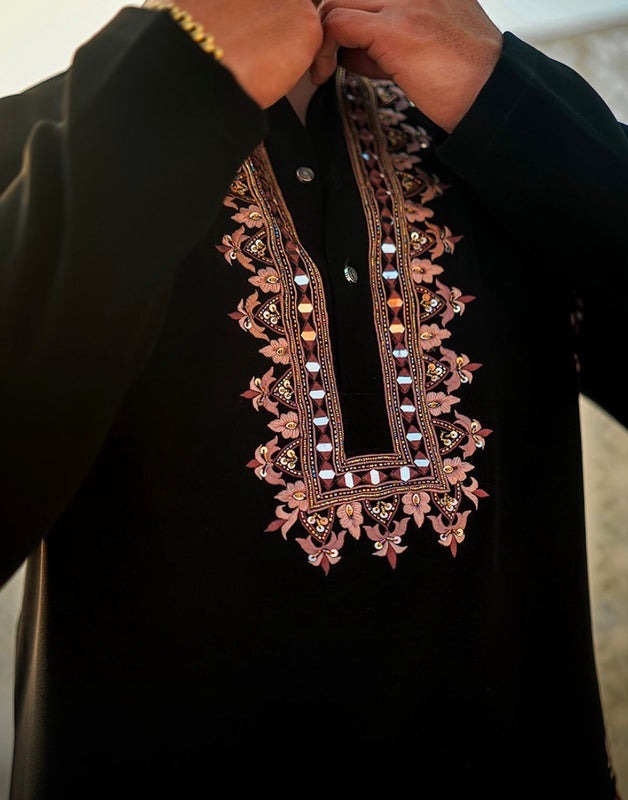 Royal Noir Floral Embroidered Luxury Kurta Pajama Set for Men