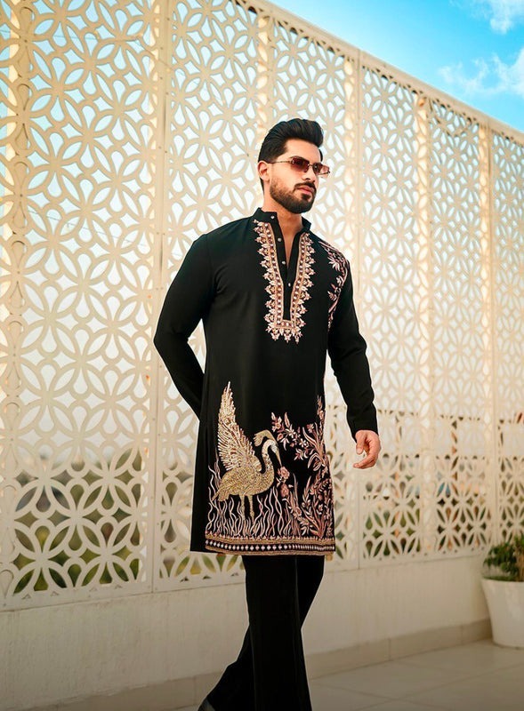 Royal Noir Floral Embroidered Luxury Kurta Pajama Set for Men