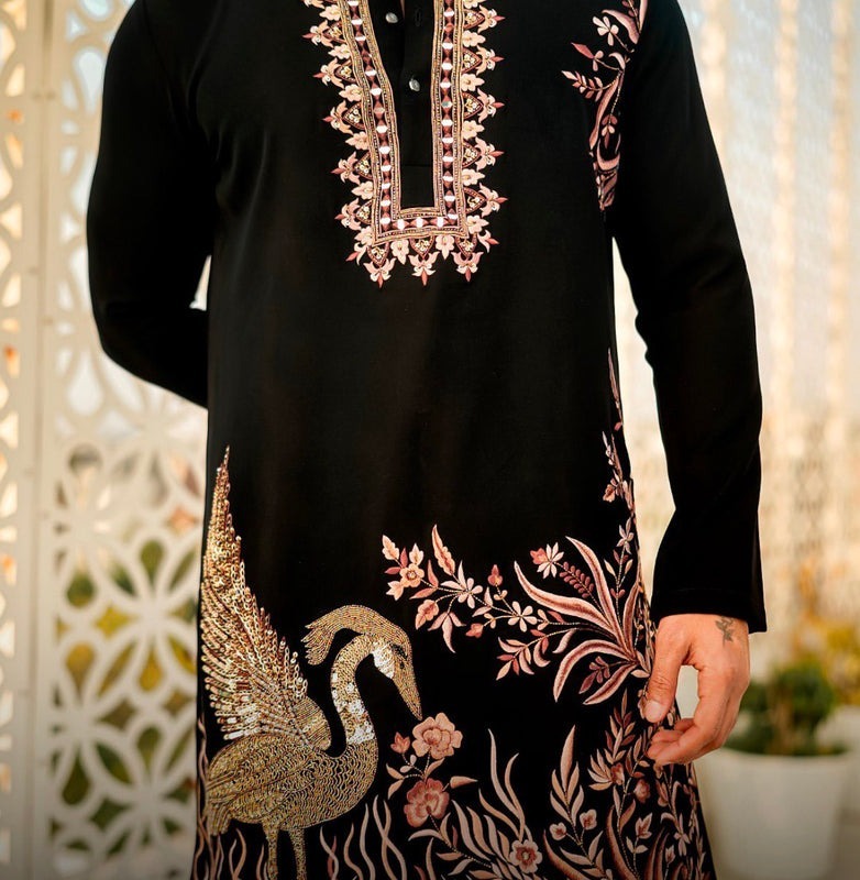 Royal Noir Floral Embroidered Luxury Kurta Pajama Set for Men