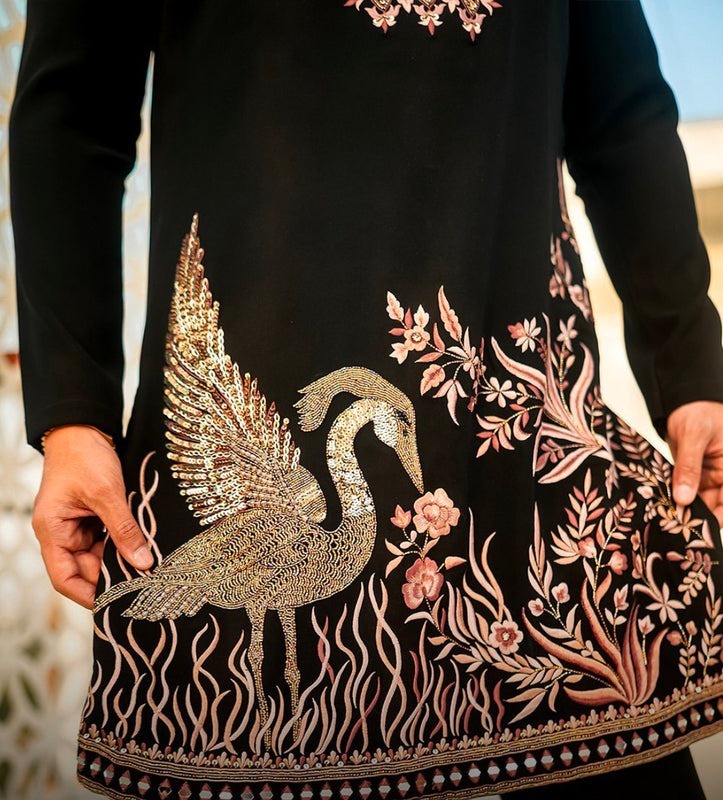 Royal Noir Floral Embroidered Luxury Kurta Pajama Set for Men