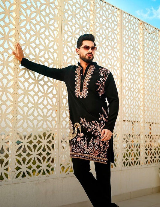 Royal Noir Floral Embroidered Luxury Kurta Pajama Set for Men