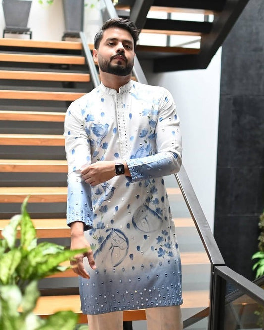 Sky Blue Floral Printed Embroidered Premium Designer