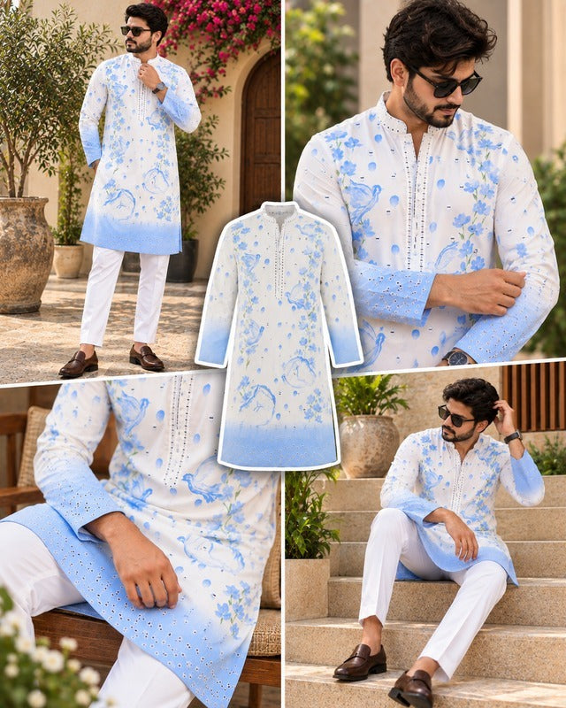 Sky Blue Floral Printed Embroidered Premium Designer