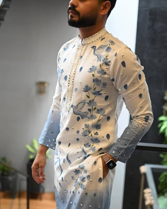 Sky Blue Floral Printed Embroidered Premium Designer