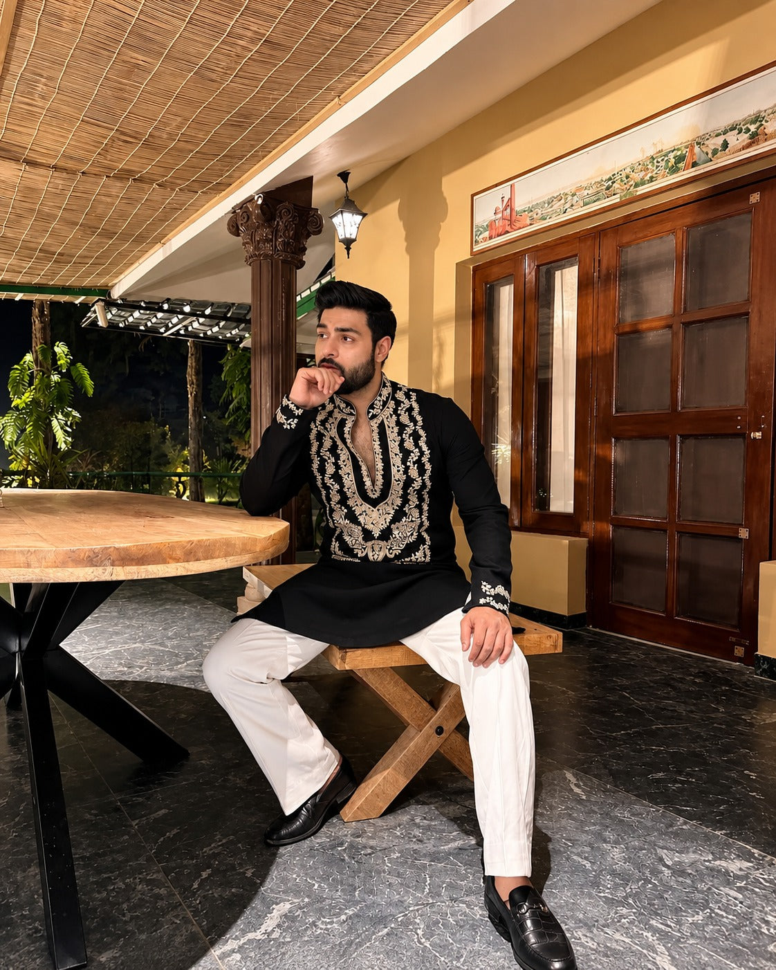 SPECIAL BLACK STYLISH NECK PATTERN EMBROIDERED WORK KURTA WITH PAJAMA