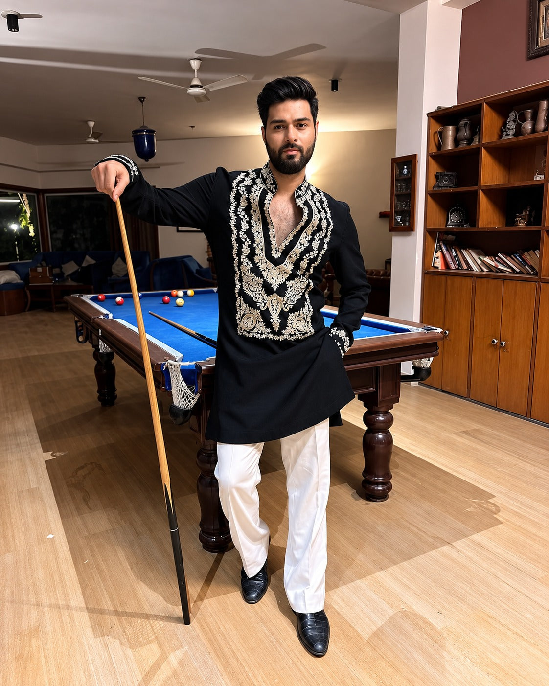 SPECIAL BLACK STYLISH NECK PATTERN EMBROIDERED WORK KURTA WITH PAJAMA