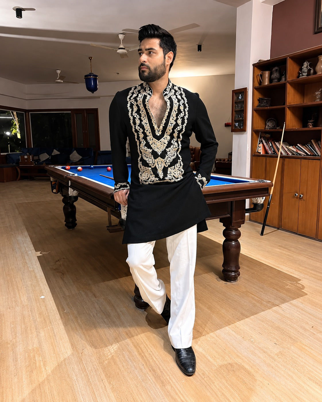 SPECIAL BLACK STYLISH NECK PATTERN EMBROIDERED WORK KURTA WITH PAJAMA