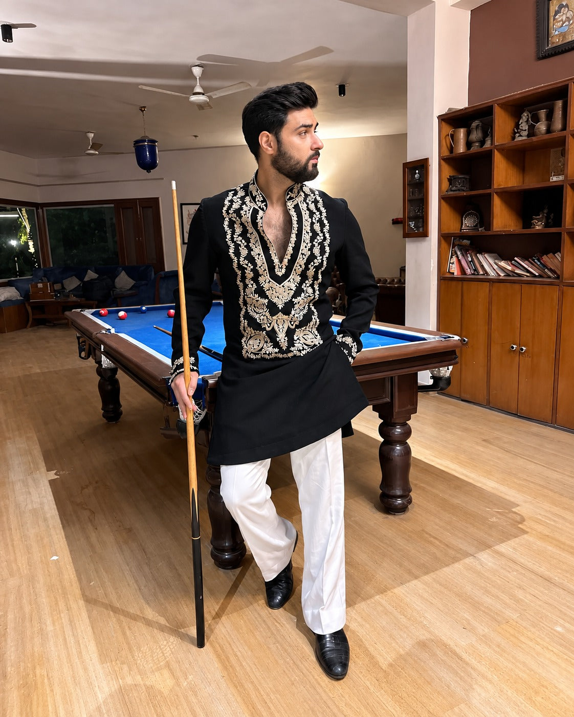 SPECIAL BLACK STYLISH NECK PATTERN EMBROIDERED WORK KURTA WITH PAJAMA