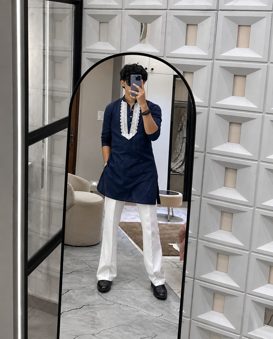EMBRO BLUE V NECK EMBROIDERED THRED KURTA WITH PAJAMA