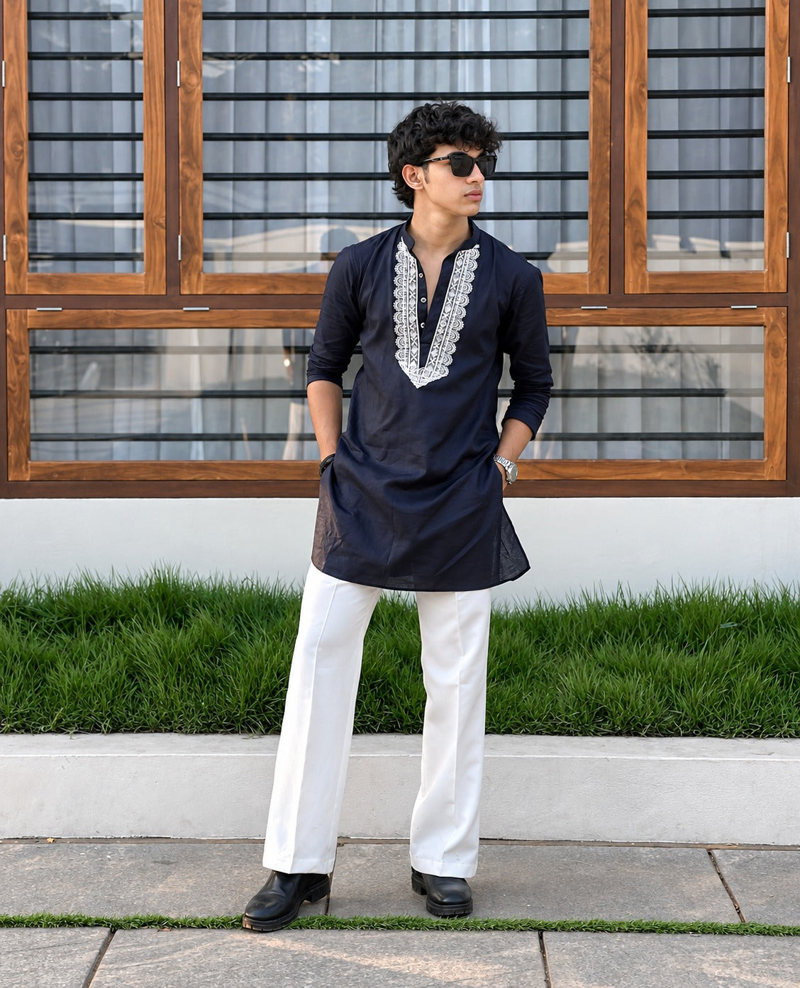 EMBRO BLUE V NECK EMBROIDERED THRED KURTA WITH PAJAMA