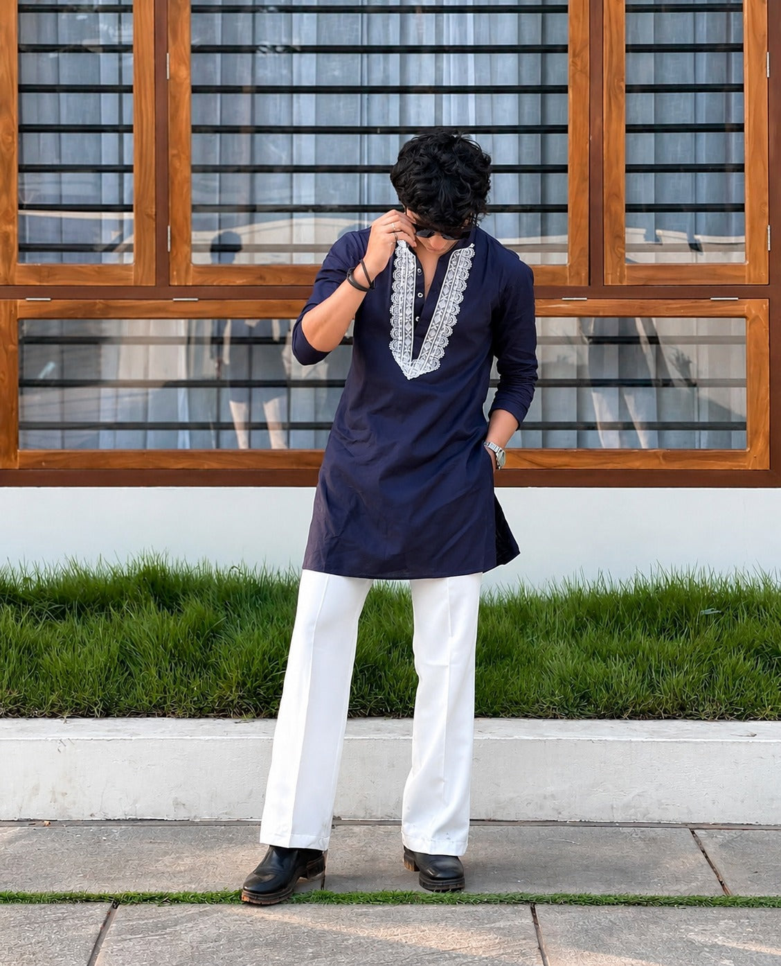 EMBRO BLUE V NECK EMBROIDERED THRED KURTA WITH PAJAMA