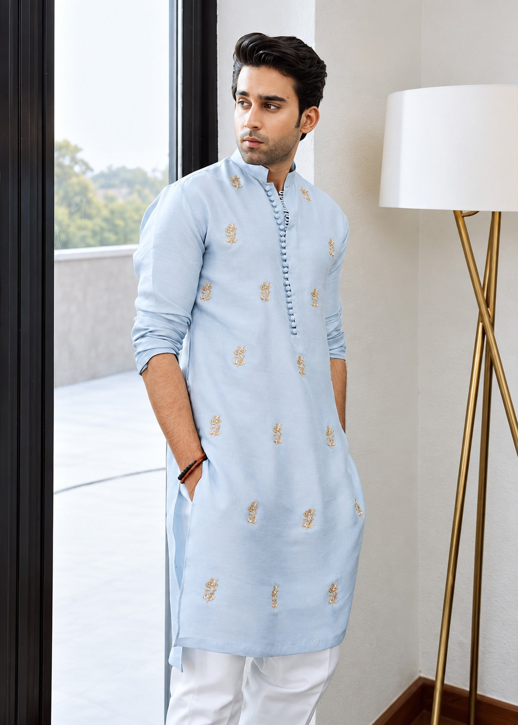 ICE Blue Buti Hand Embroidered Work Men's Kurta with Pajama