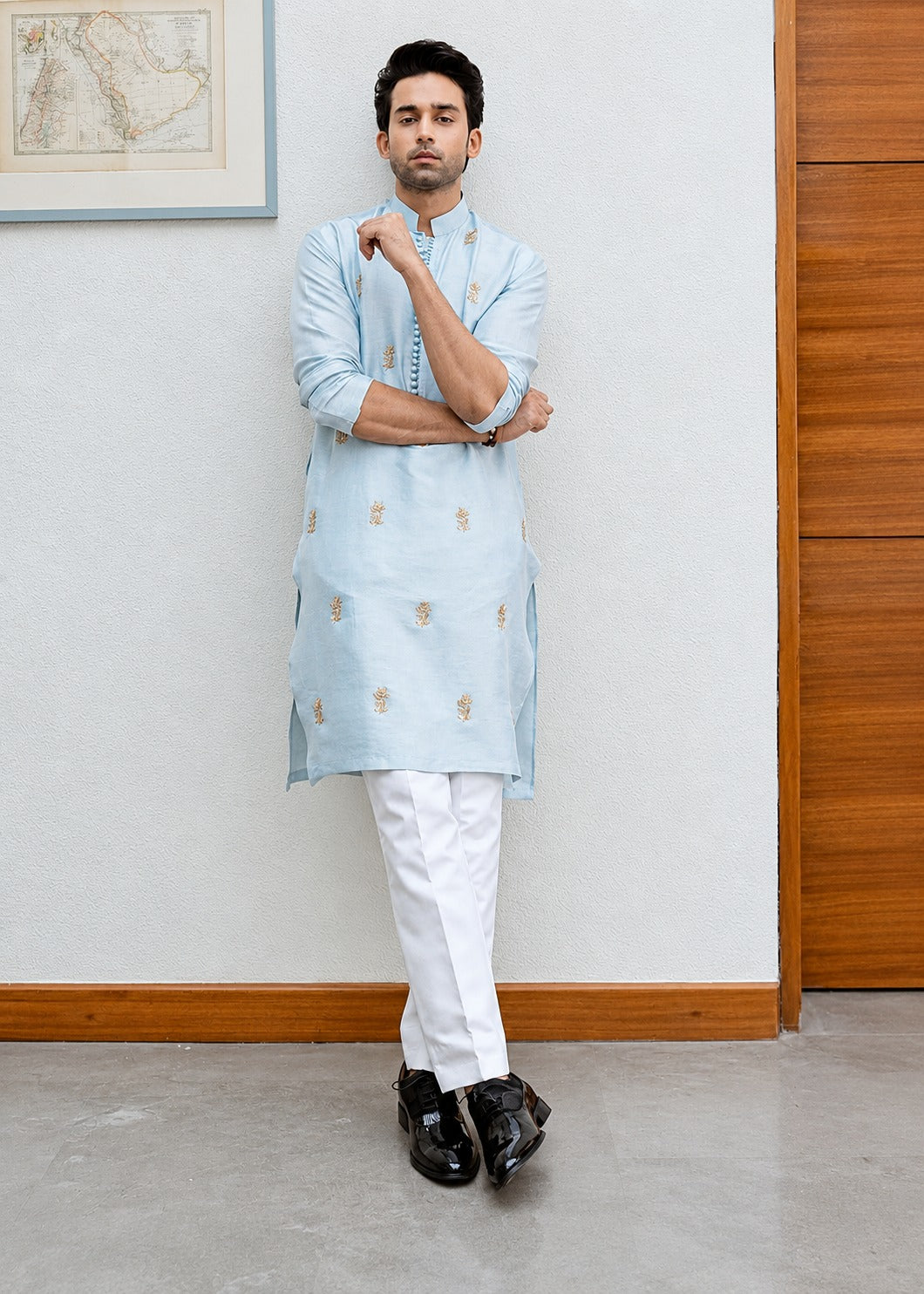 ICE Blue Buti Hand Embroidered Work Men's Kurta with Pajama