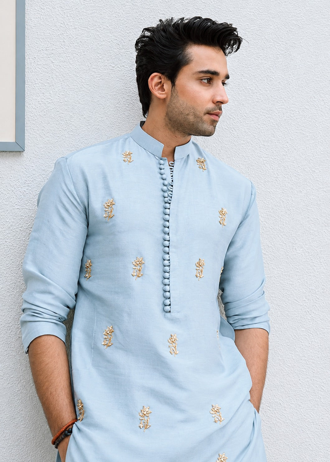 ICE Blue Buti Hand Embroidered Work Men's Kurta with Pajama