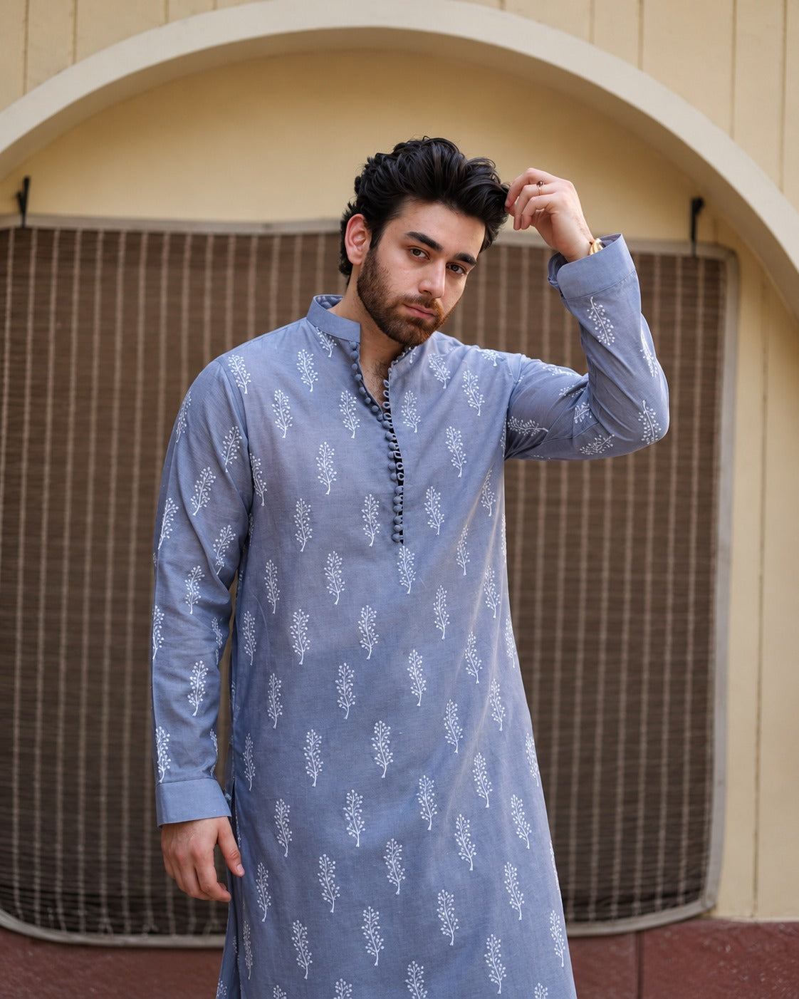 BLUE KURTA PRINT  WITH PAJAMA FOR MENS