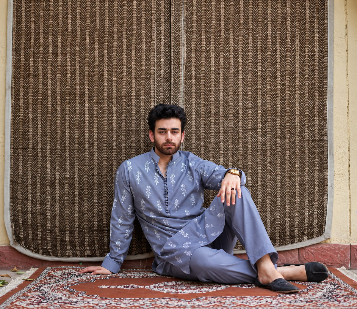 BLUE KURTA PRINT  WITH PAJAMA FOR MENS