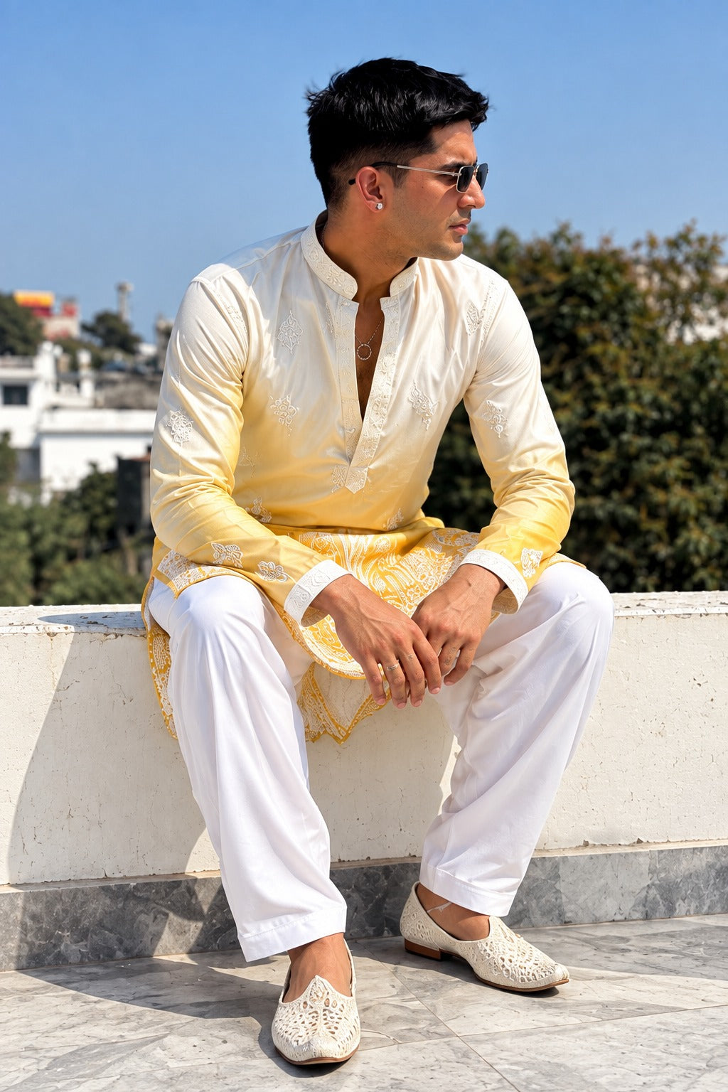 YELLOW & WHITE OMBRE EMBROIDERED WORK KURTA PAJAMA SET FOR MEN'S
