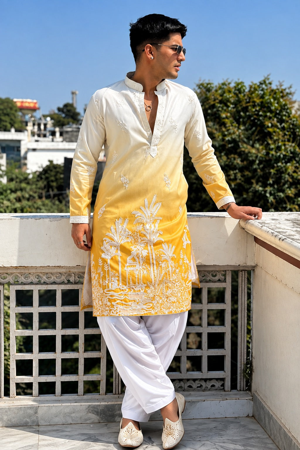 YELLOW & WHITE OMBRE EMBROIDERED WORK KURTA PAJAMA SET FOR MEN'S