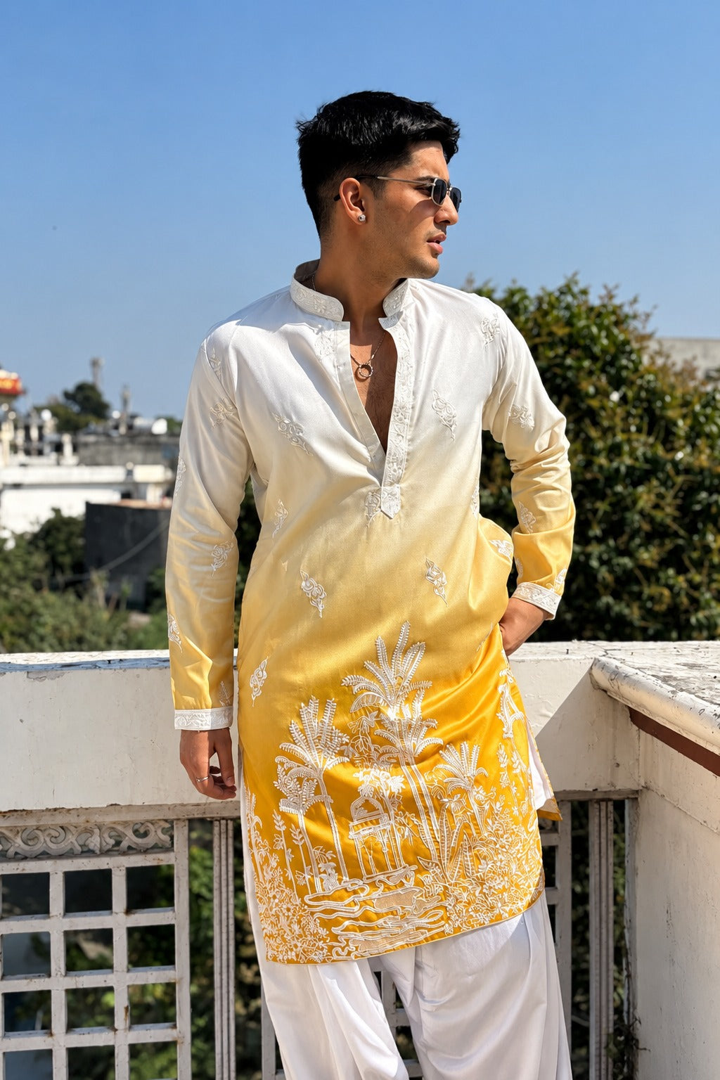 YELLOW & WHITE OMBRE EMBROIDERED WORK KURTA PAJAMA SET FOR MEN'S