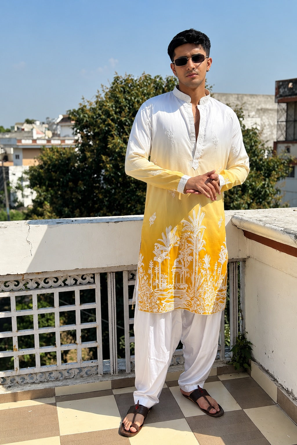 YELLOW & WHITE OMBRE EMBROIDERED WORK KURTA PAJAMA SET FOR MEN'S