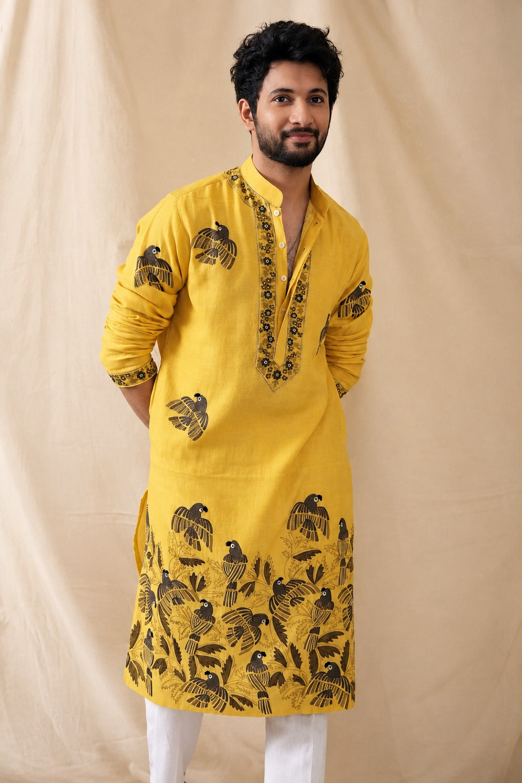MUSTARD PARROT CHANDERI KURTA PAJAMA SET FOR MENS