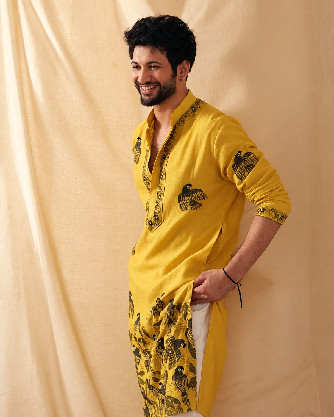 MUSTARD PARROT CHANDERI KURTA PAJAMA SET FOR MENS