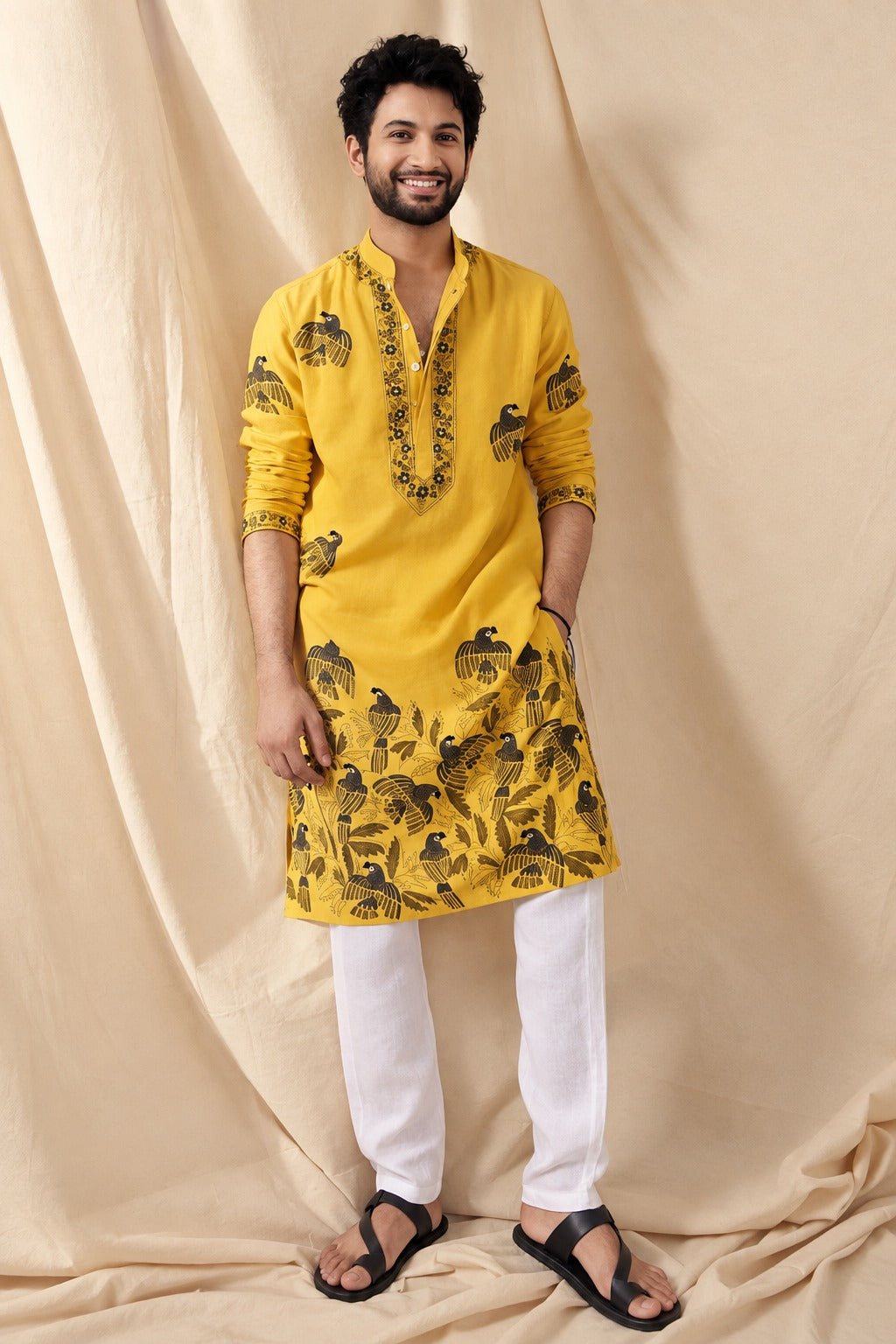 MUSTARD PARROT CHANDERI KURTA PAJAMA SET FOR MENS