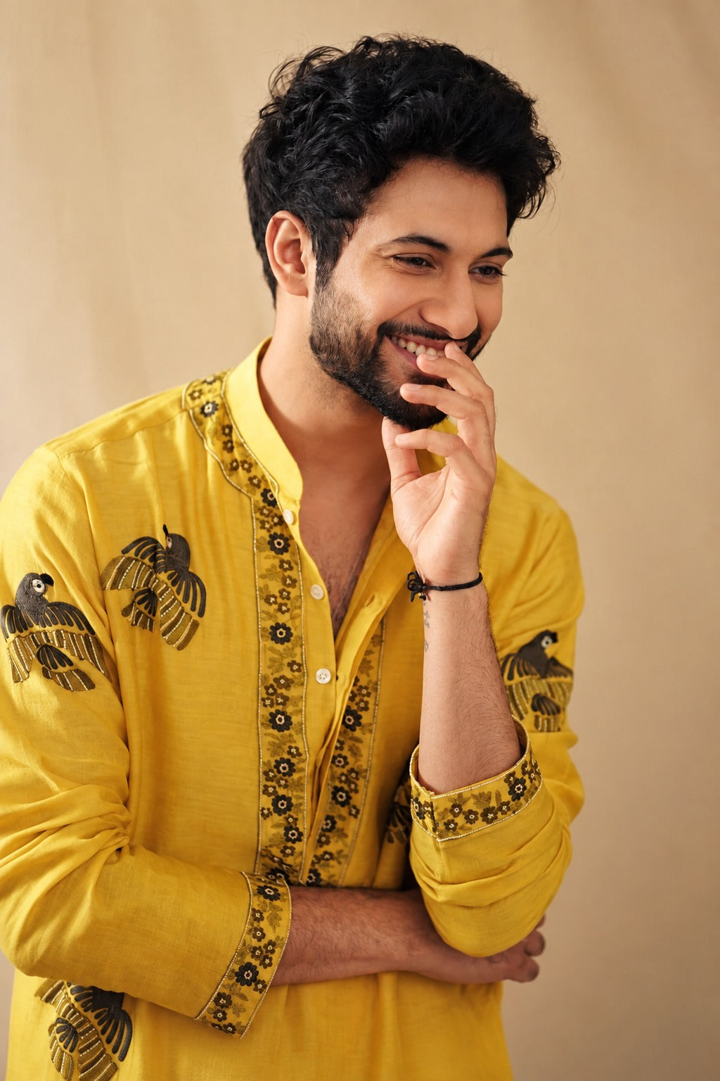 MUSTARD PARROT CHANDERI KURTA PAJAMA SET FOR MENS