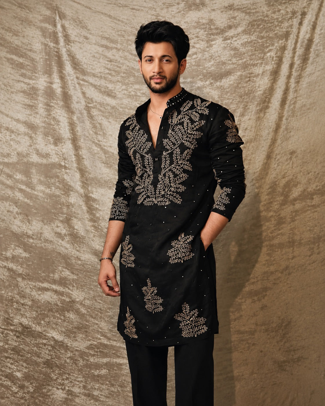 BLACK EMBROIDERED DORI AND SEQUNCES WORK KURTA PAJAMA SET FOR MEN'S