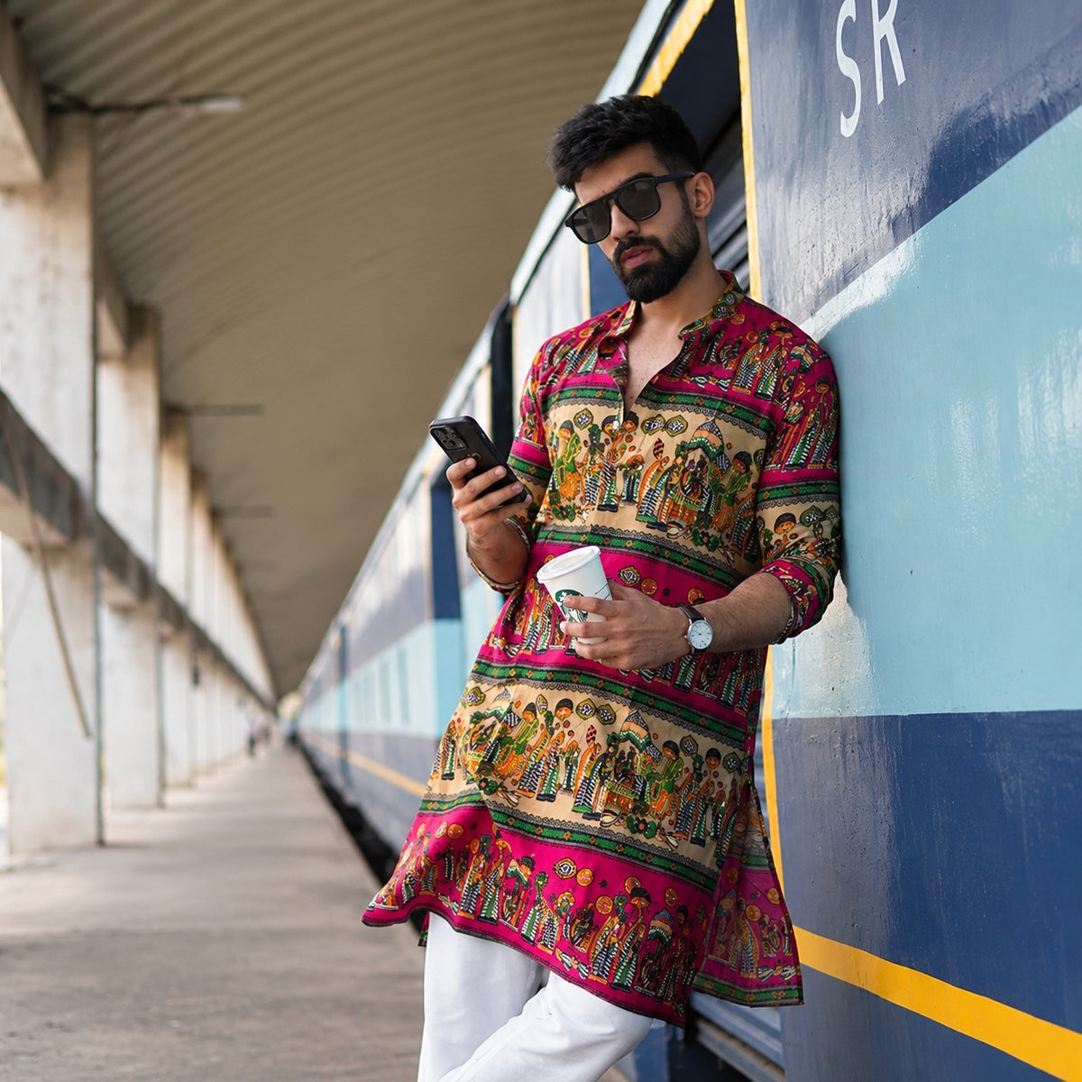 RED N CREAM BLOCK PRINTED KURTA WITH PAJAMA SET