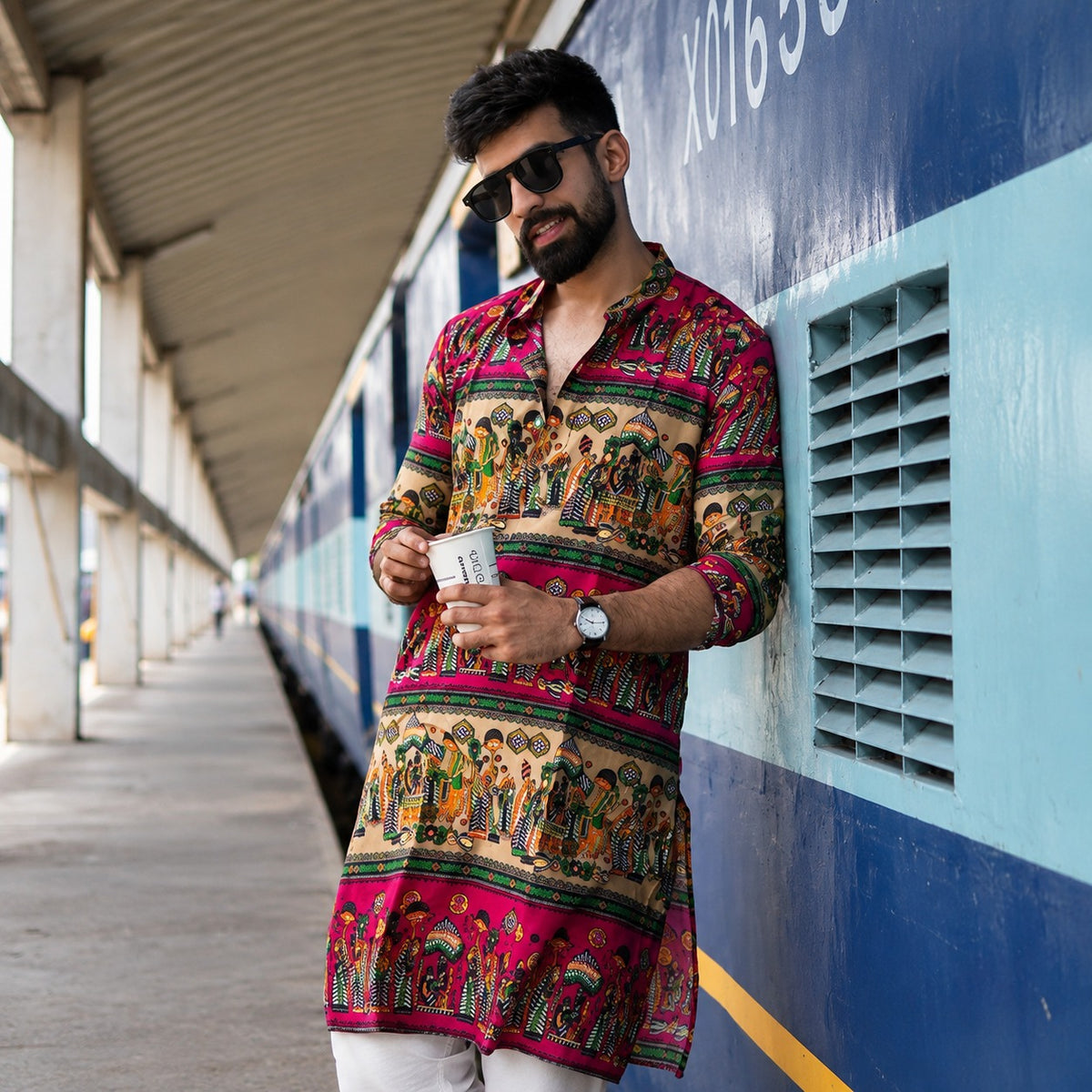 RED N CREAM BLOCK PRINTED KURTA WITH PAJAMA SET
