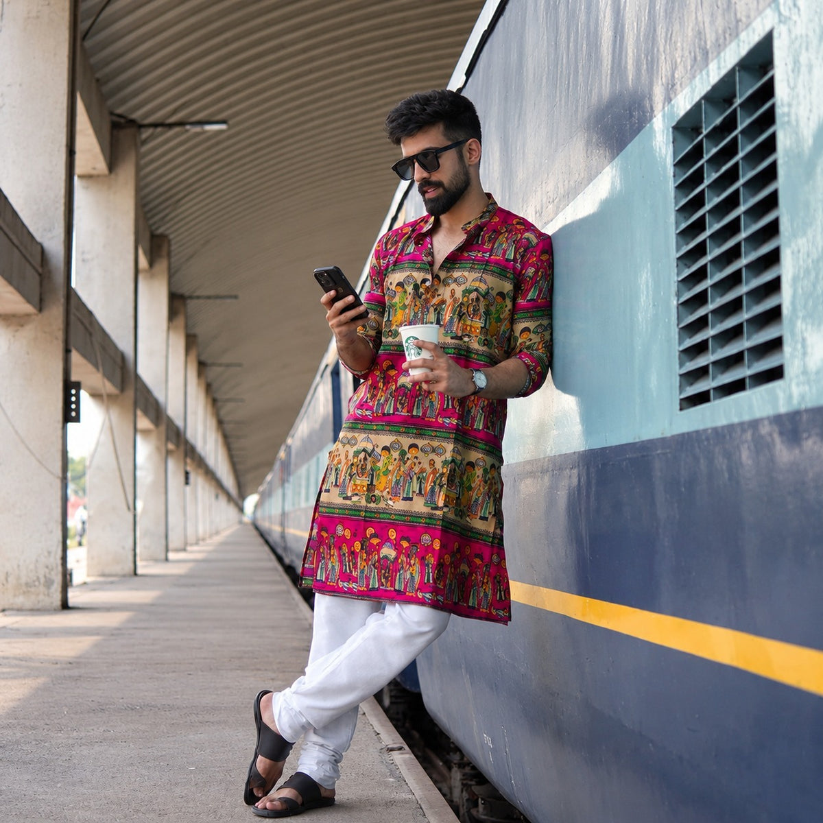 RED N CREAM BLOCK PRINTED KURTA WITH PAJAMA SET