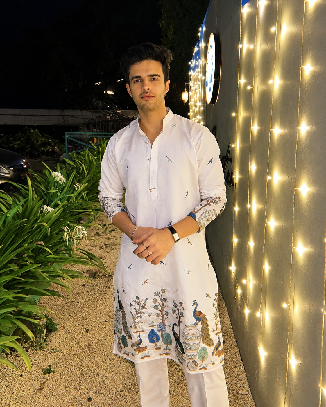 TREE N PEACOCK DAMAN PRINTED WORK KURTA PAJAMA SET FOR MEN'S