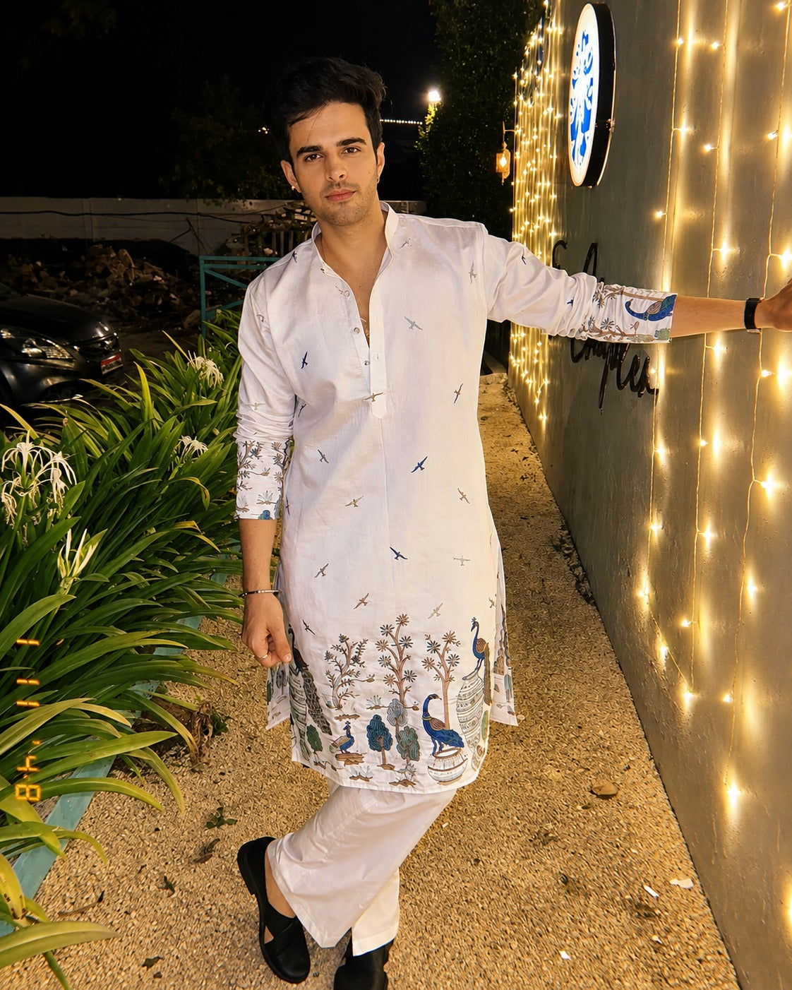 TREE N PEACOCK DAMAN PRINTED WORK KURTA PAJAMA SET FOR MEN'S