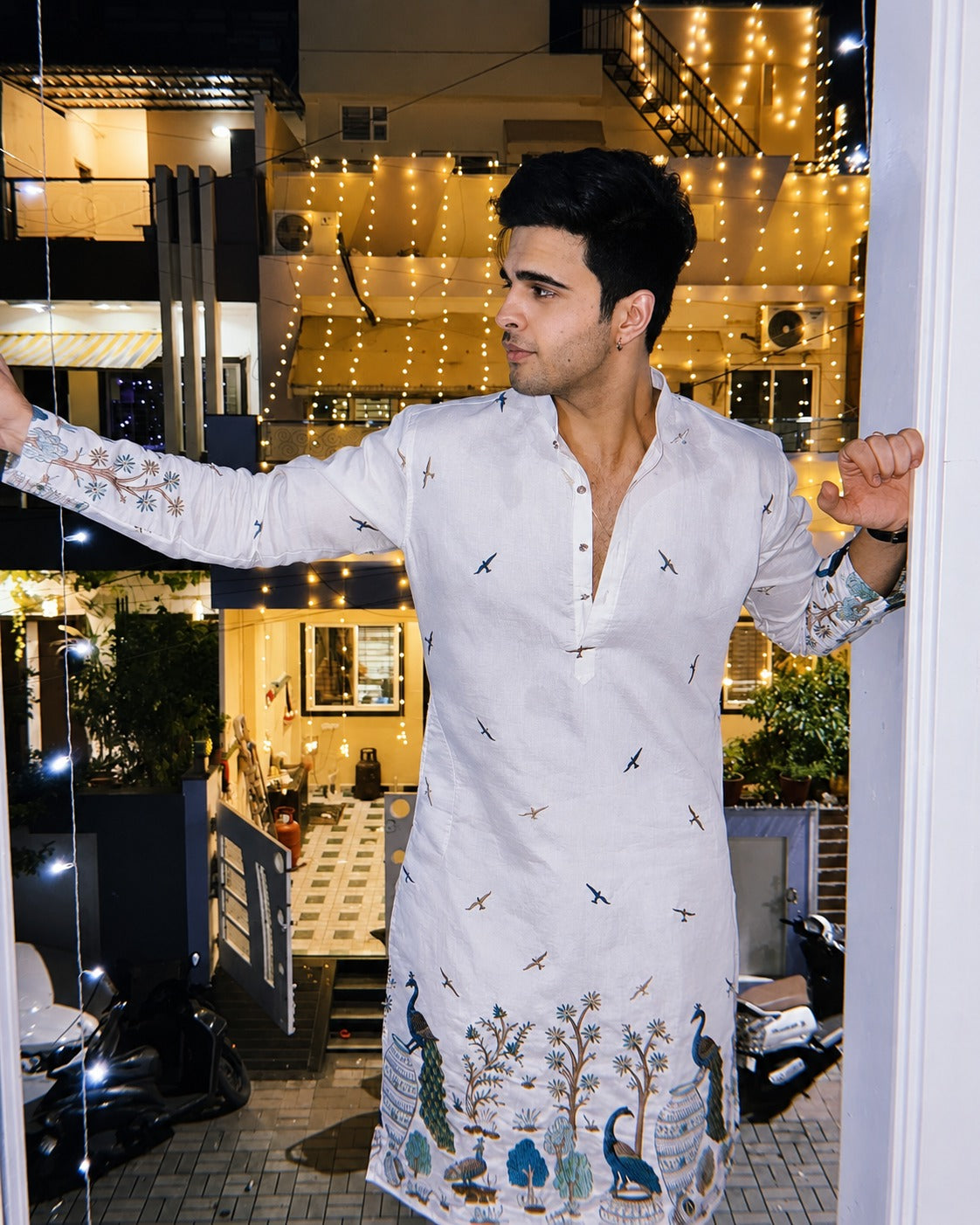 TREE N PEACOCK DAMAN PRINTED WORK KURTA PAJAMA SET FOR MEN'S