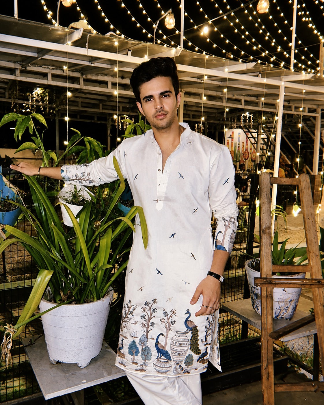 TREE N PEACOCK DAMAN PRINTED WORK KURTA PAJAMA SET FOR MEN'S