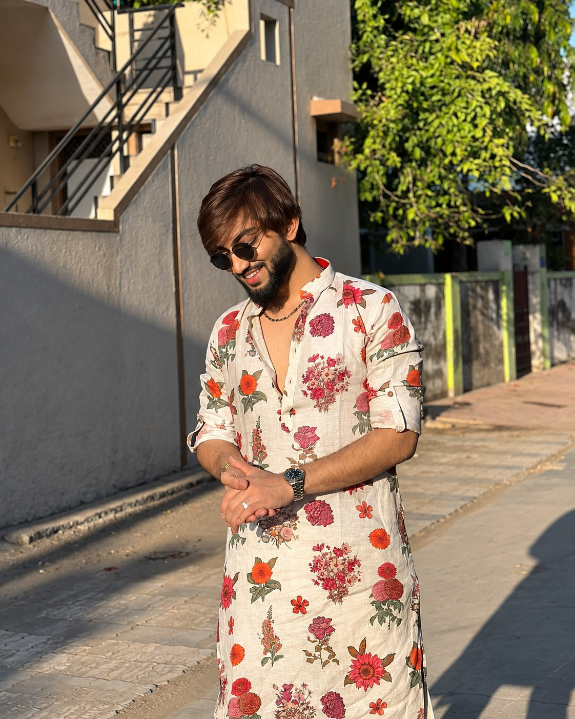 IVORY ROSE PRINTED KURTA PAJAMA SET FOR MEN'S