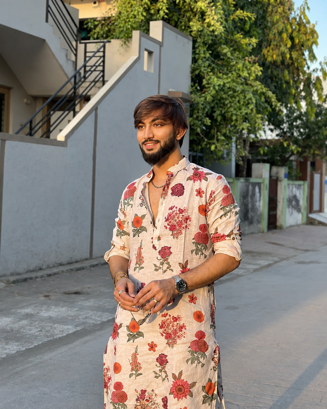 IVORY ROSE PRINTED KURTA PAJAMA SET FOR MEN'S