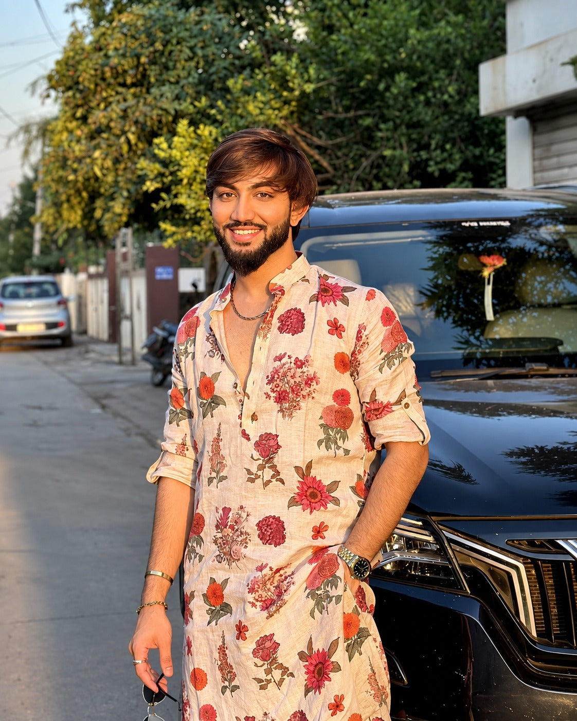 IVORY ROSE PRINTED KURTA PAJAMA SET FOR MEN'S