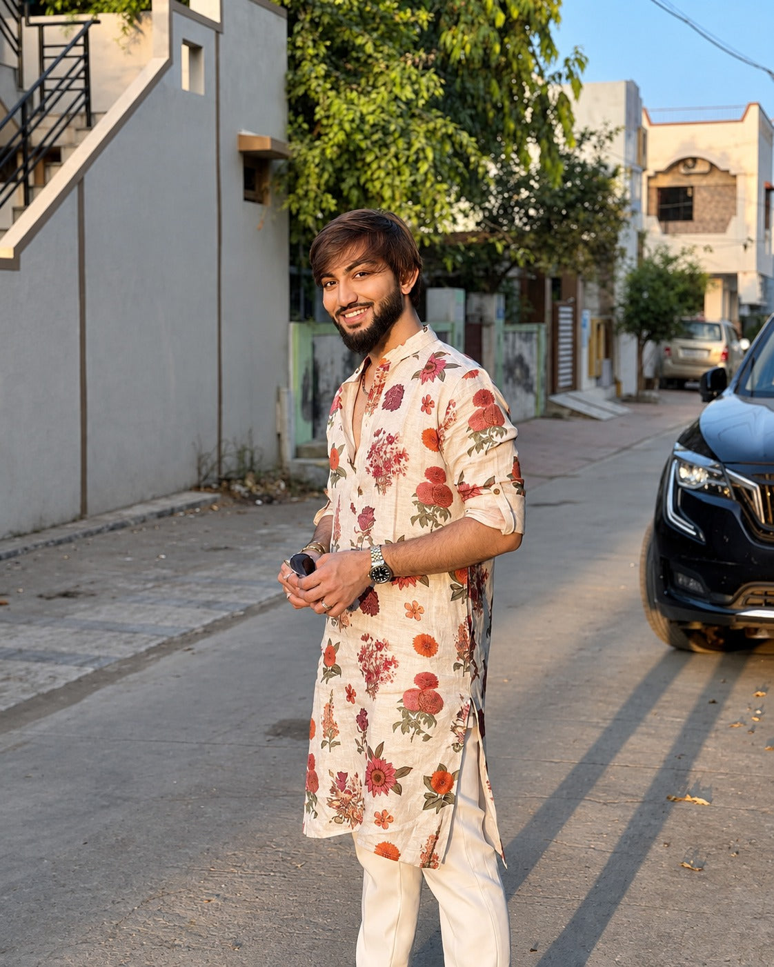 IVORY ROSE PRINTED KURTA PAJAMA SET FOR MEN'S