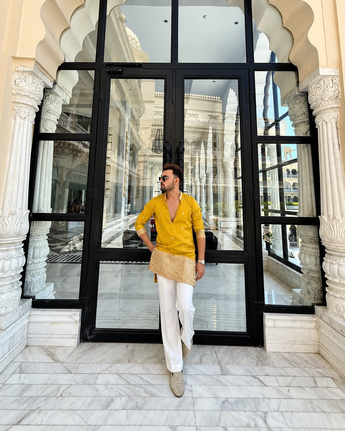 YELLOW JARI EMBROIDERED WORK KURTA PANT SET