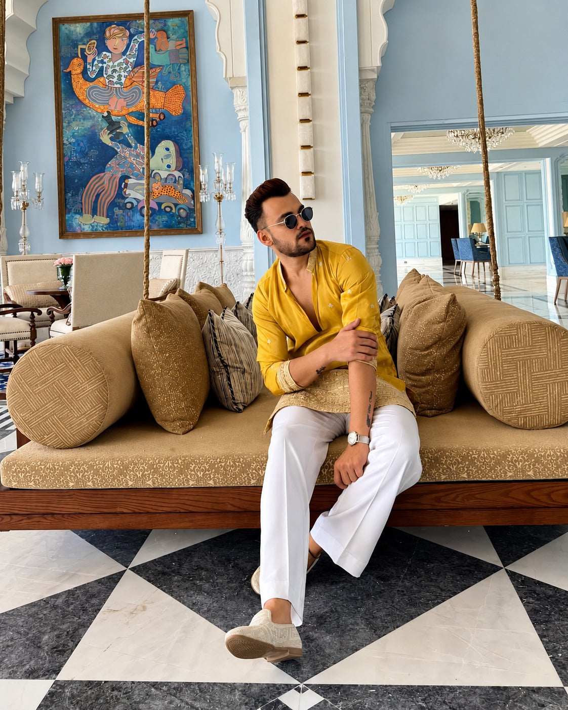 YELLOW JARI EMBROIDERED WORK KURTA PANT SET